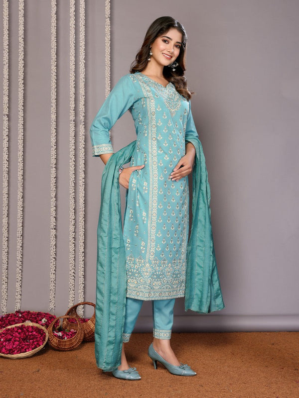 Amazing Turquoise Color Cotton Fabric Designer Suit