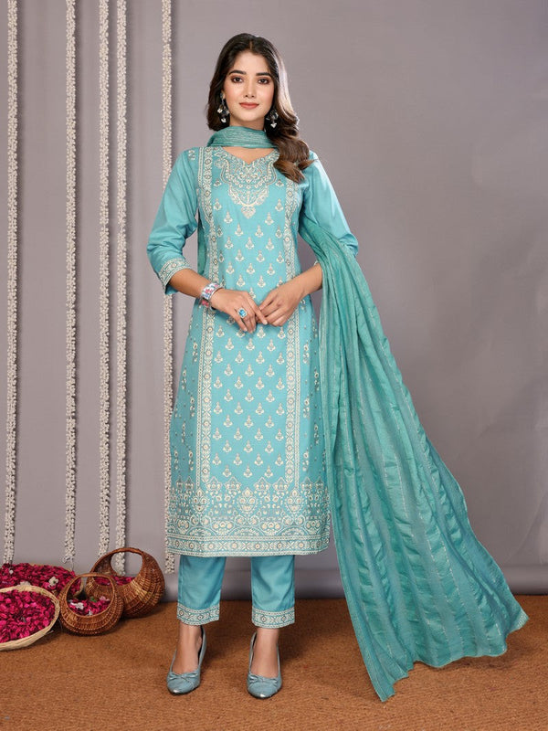 Amazing Turquoise Color Cotton Fabric Designer Suit