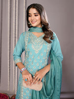 Amazing Turquoise Color Cotton Fabric Designer Suit