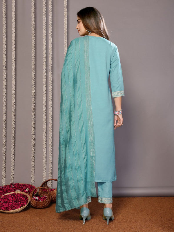 Amazing Turquoise Color Cotton Fabric Designer Suit