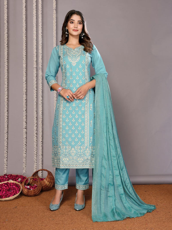 Amazing Turquoise Color Cotton Fabric Designer Suit