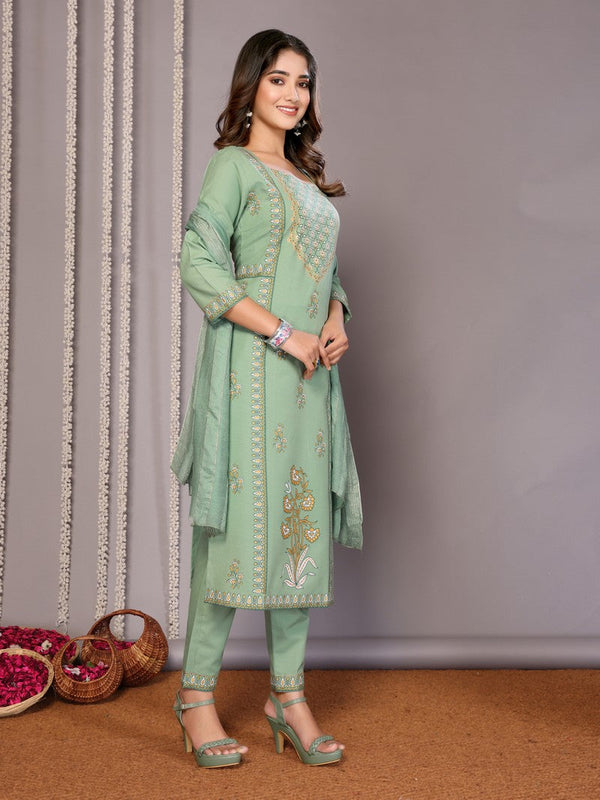 Amazing Green Color Cotton Fabric Designer Suit