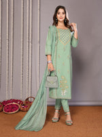 Amazing Green Color Cotton Fabric Designer Suit