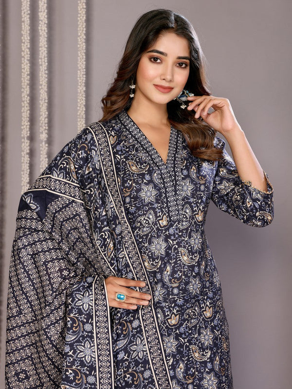 Amazing Navy Blue Color Cotton Fabric Designer Suit