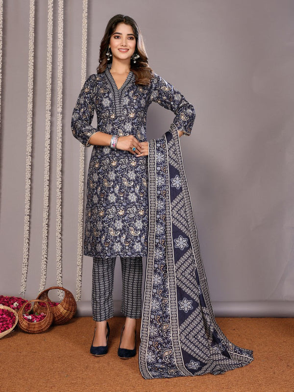 Amazing Navy Blue Color Cotton Fabric Designer Suit