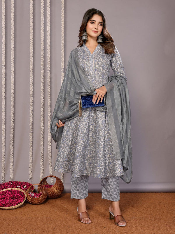 Amazing Grey Color Cotton Fabric Designer Suit