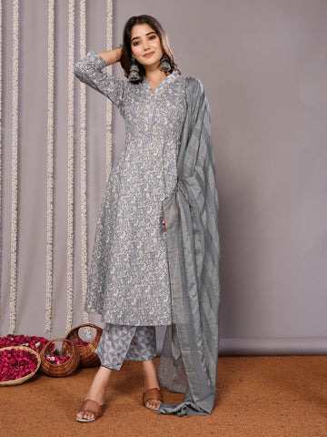 Amazing Grey Color Cotton Fabric Designer Suit