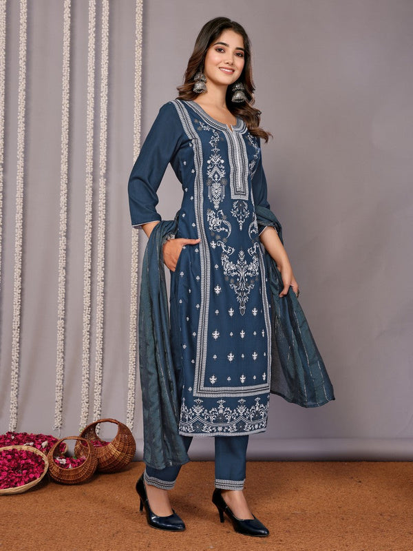 Amazing Teal  Color Cotton Fabric Designer Suit