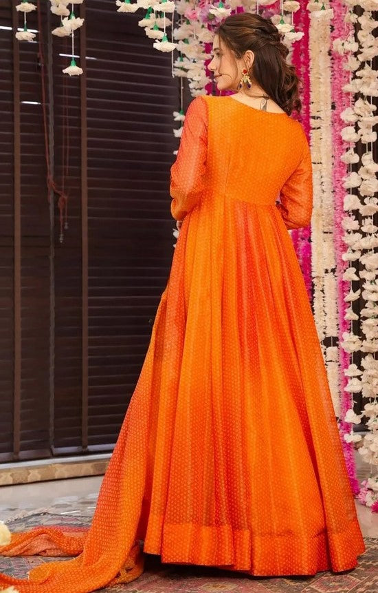 Striking Orange Color Chinon Fabric Gown with Dupatta