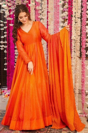 Striking Orange Color Chinon Fabric Gown with Dupatta