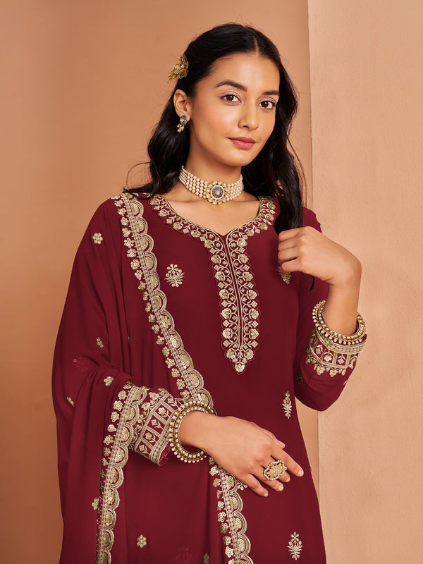 Angelic Maroon Color Georgette Fabric Plazzo Suit