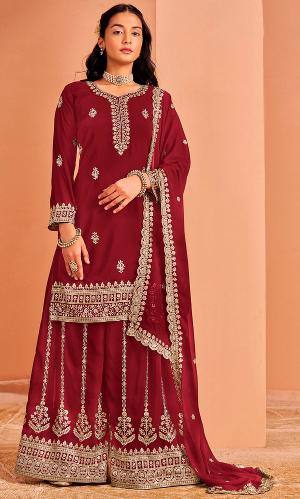 Angelic Maroon Color Georgette Fabric Plazzo Suit