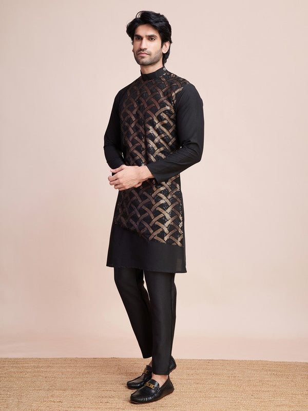 Beauteous Black Color Silk Fabric Mens Kurta