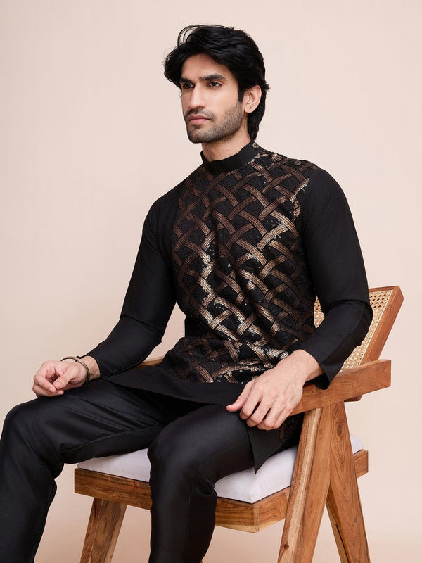 Beauteous Black Color Silk Fabric Mens Kurta