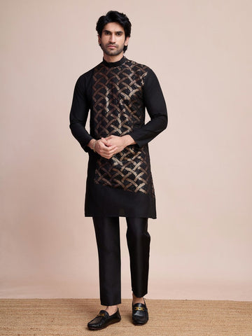 Beauteous Black Color Silk Fabric Mens Kurta