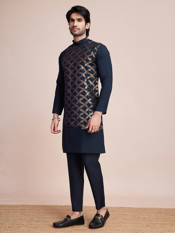 Beauteous Teal Color Silk Fabric Mens Kurta