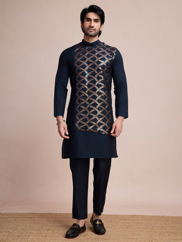 Beauteous Teal Color Silk Fabric Mens Kurta