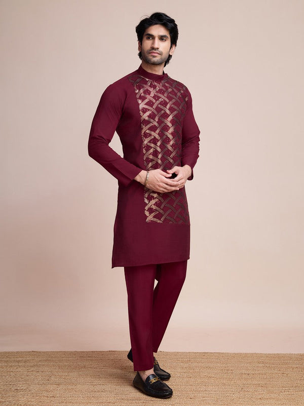 Beauteous Maroon Color Silk Fabric Mens Kurta