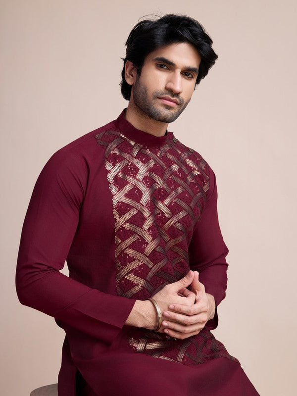 Beauteous Maroon Color Silk Fabric Mens Kurta