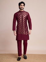 Beauteous Maroon Color Silk Fabric Mens Kurta