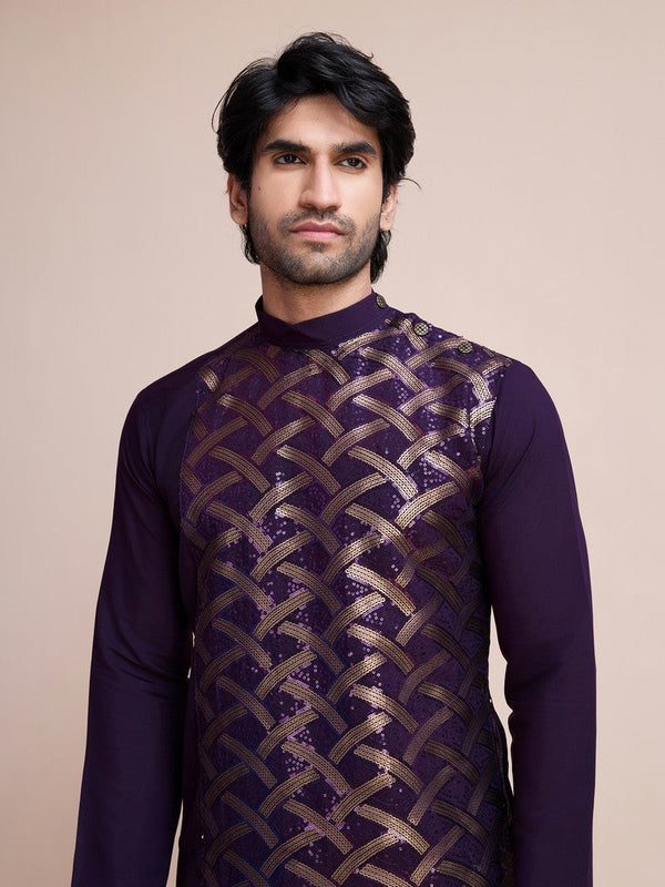 Beauteous Voilet Color Silk Fabric Mens Kurta