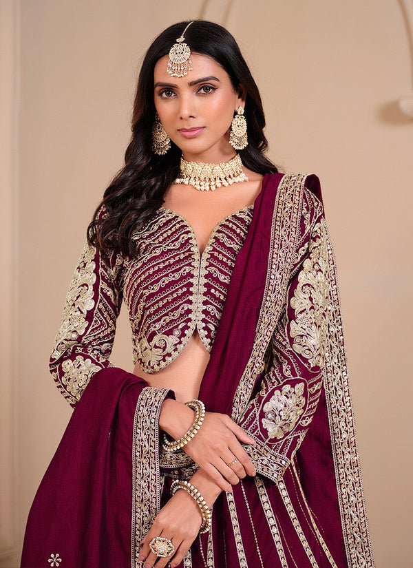 Dazzling Wine Color Shimmer Fabric Party Wear Lehenga