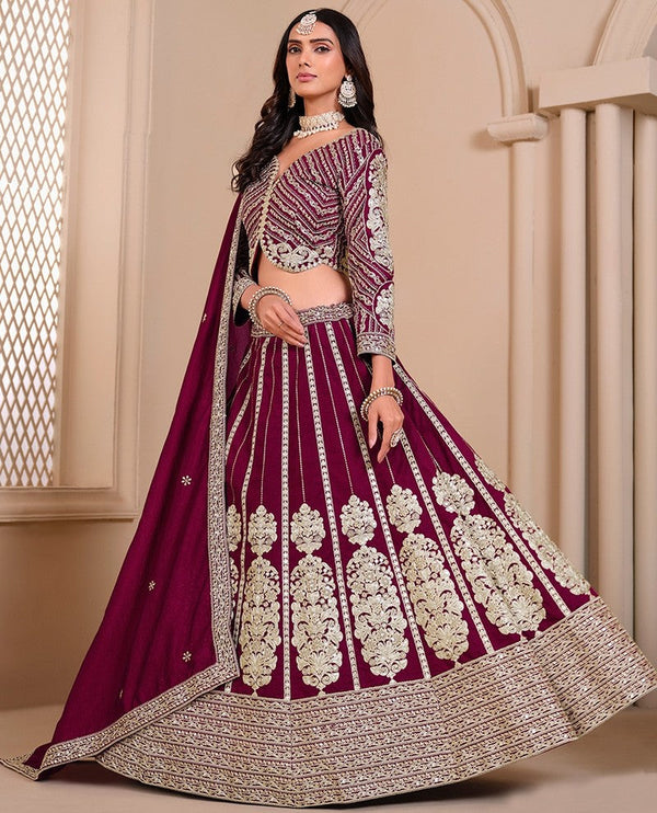 Dazzling Wine Color Shimmer Fabric Party Wear Lehenga