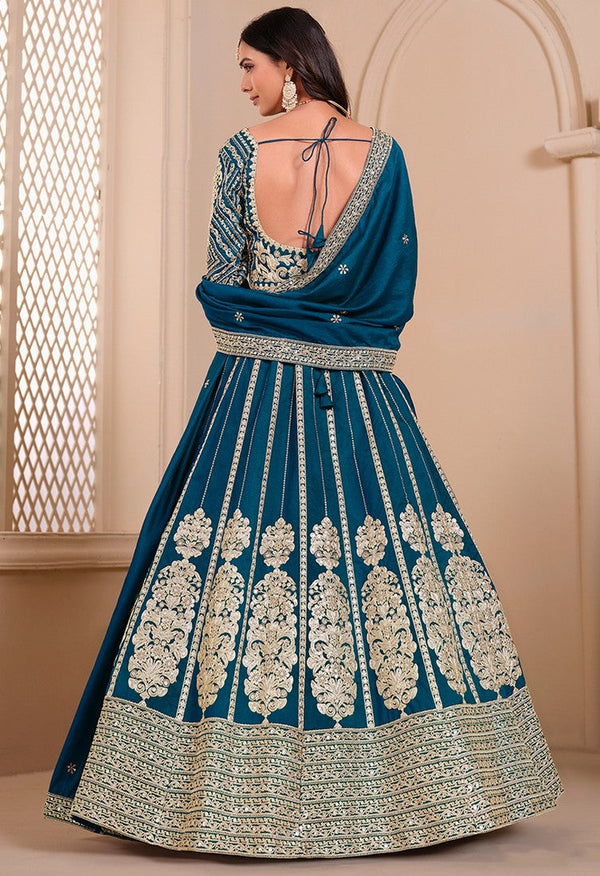 Dazzling Teal Color Shimmer Fabric Party Wear Lehenga