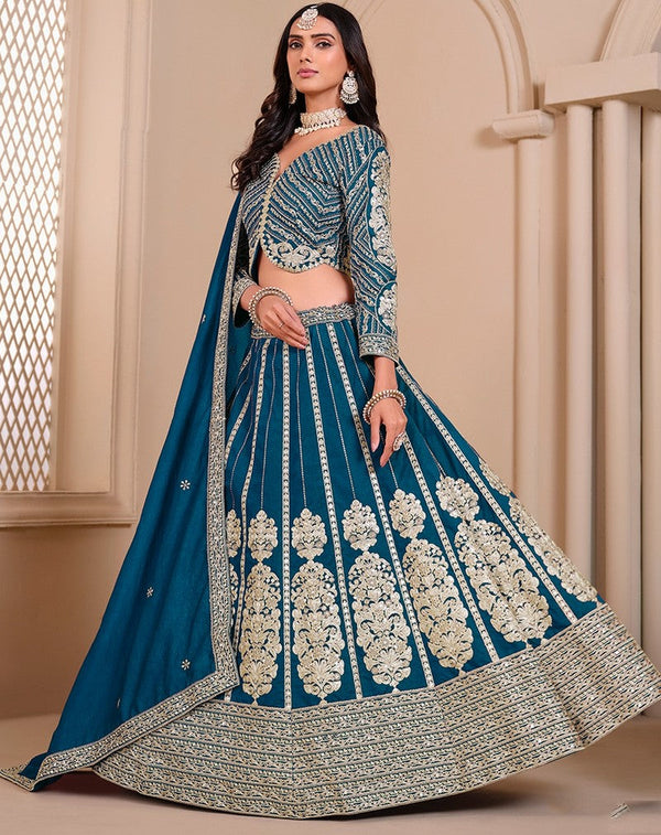 Dazzling Teal Color Shimmer Fabric Party Wear Lehenga