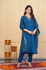 Divine Teal Color Viscose Fabric Designer Suit