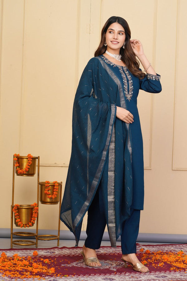 Divine Teal Color Viscose Fabric Designer Suit