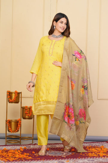 Divine Yellow Color Viscose Fabric Designer Suit