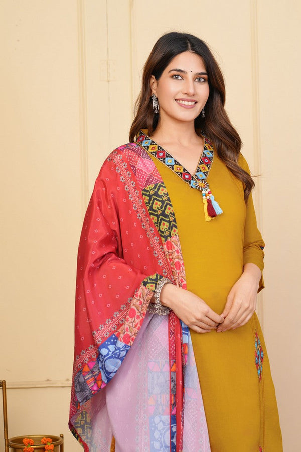 Divine Mustard Color Viscose Fabric Designer Suit