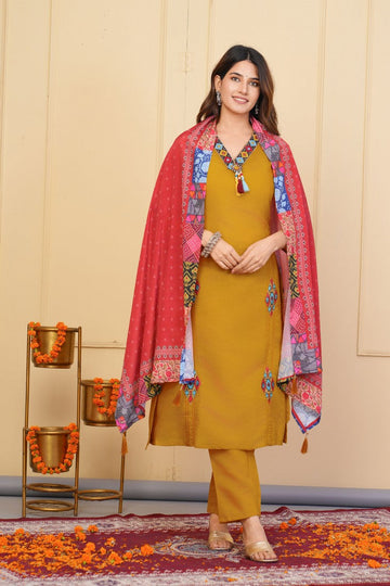 Divine Mustard Color Viscose Fabric Designer Suit