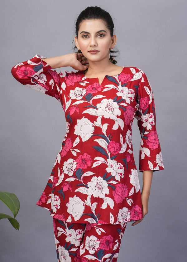 Dazzling Red Color Rayon Fabric Kurti with Bottom