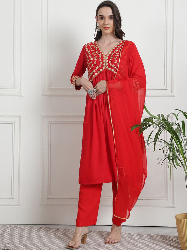 Divine Red Color Rayon Fabric Designer Suit