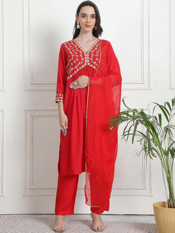 Divine Red Color Rayon Fabric Designer Suit