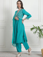 Divine Turquoise Color Rayon Fabric Designer Suit