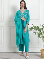 Divine Turquoise Color Rayon Fabric Designer Suit