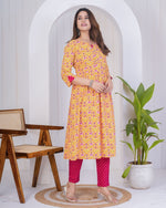 Dazzling Mustard Color Cotton Fabric Designer Kurti With Bottom