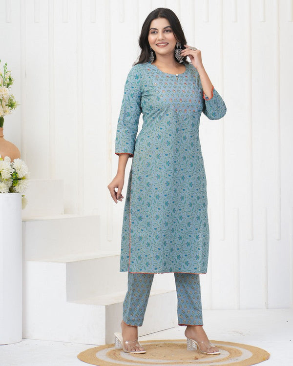 Dazzling Blue Color Cotton Fabric Designer Kurti With Bottom