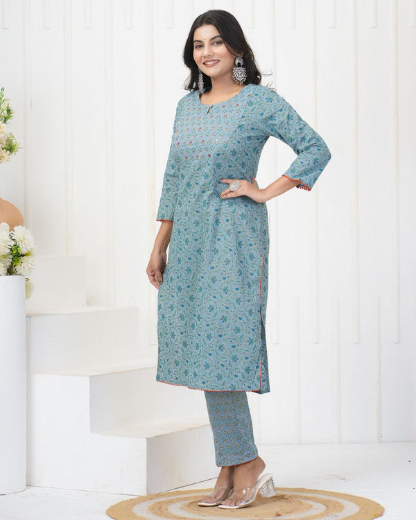 Dazzling Blue Color Cotton Fabric Designer Kurti With Bottom