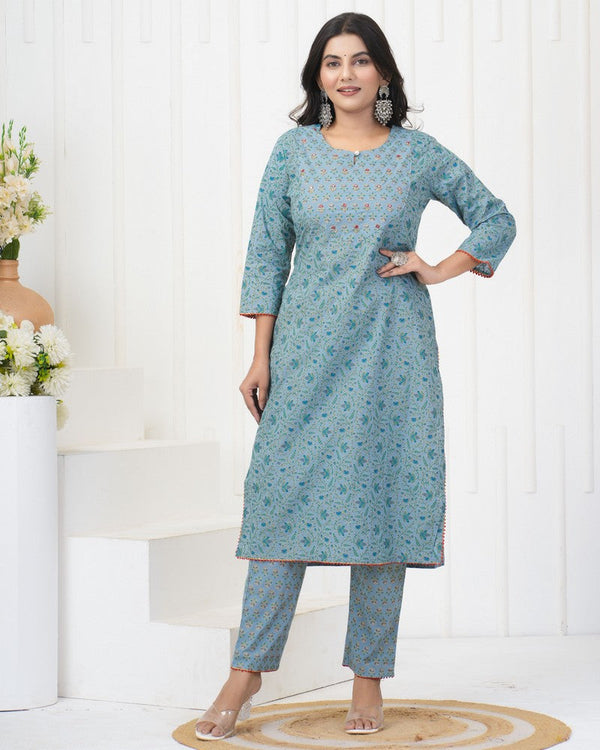 Dazzling Blue Color Cotton Fabric Designer Kurti With Bottom