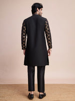 Beauteous Black Color Silk Fabric Mens Kurta