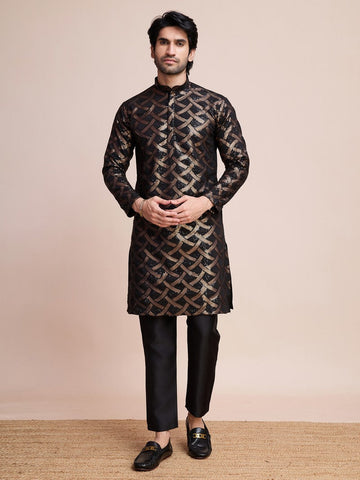 Beauteous Black Color Silk Fabric Mens Kurta