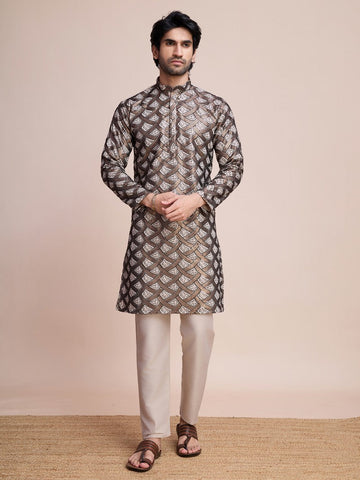 Beauteous Beige Color Silk Fabric Mens Kurta