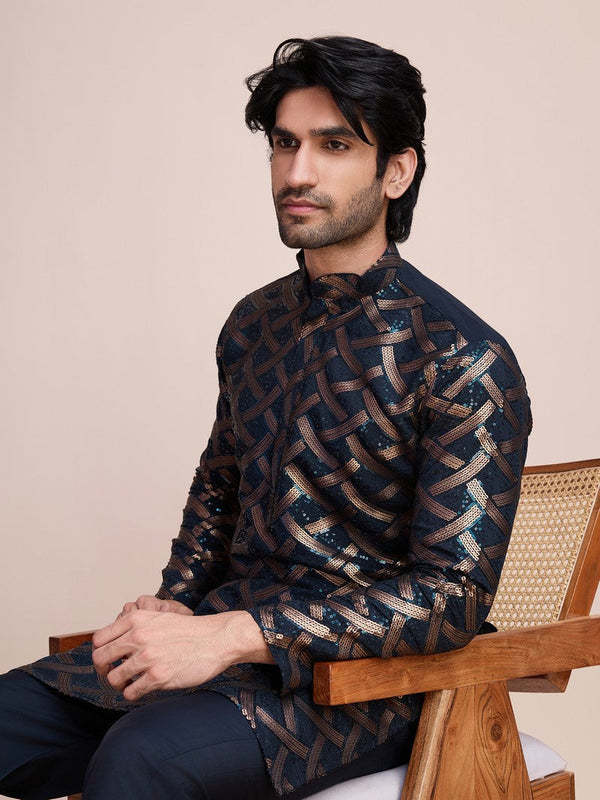 Beauteous Teal Color Silk Fabric Mens Kurta