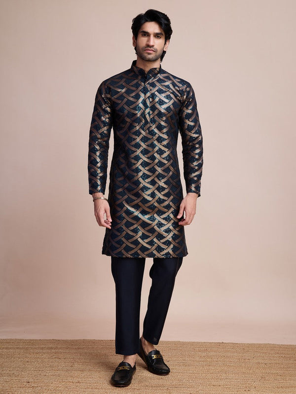 Beauteous Teal Color Silk Fabric Mens Kurta