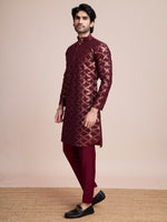 Beauteous Maroon Color Silk Fabric Mens Kurta