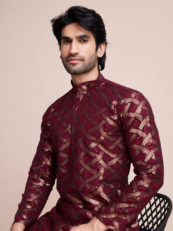 Beauteous Maroon Color Silk Fabric Mens Kurta